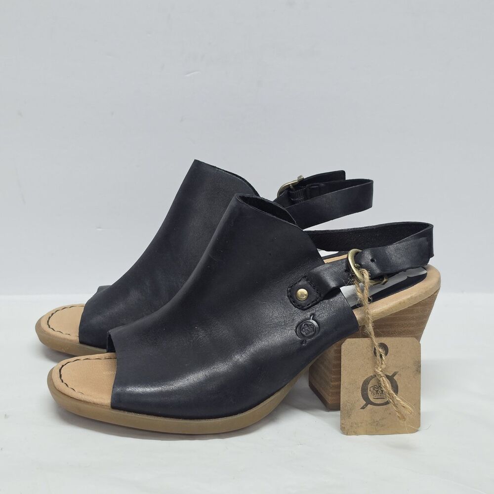 Born Moraine Womens 7M Black Leather Slingback Block Heel Sandals F67503 NWT